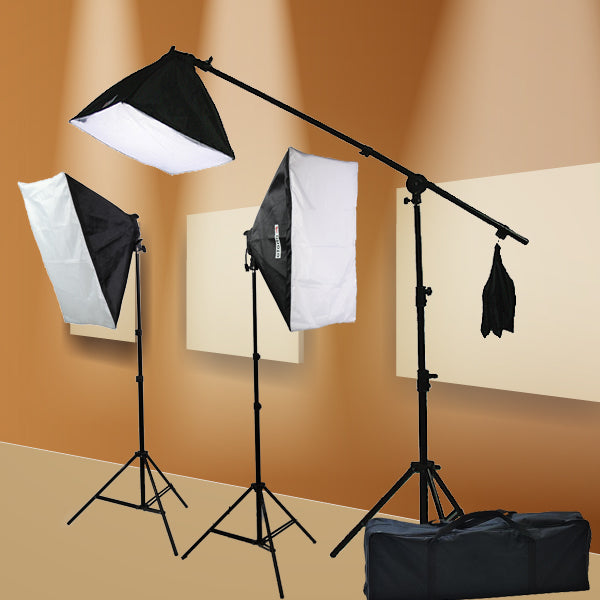 Digital Photography Video 2400 Watt Three Softbox Lighting & Boom Hair Light Kit H9004SB2