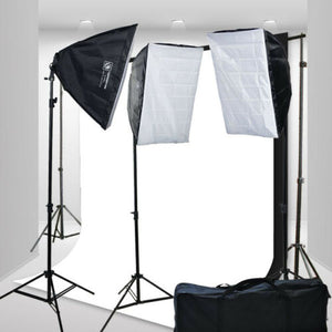 3 Softbox Photography Video Lighting Kit 10x12 White Muslin Background Stand Set