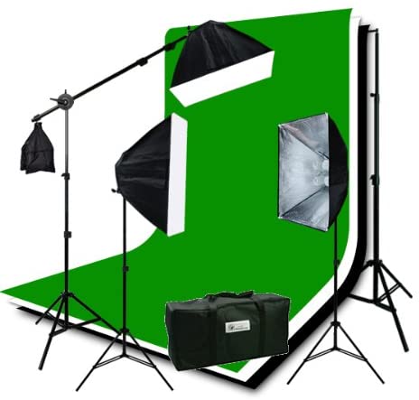 H9004SB-69BWG Photography Studio Video Lighting Chromakey Screen 3 Muslin Backdrops Lighting Kit Background Support Kit-Green/Black/White