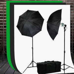 Video Studio Lighting Kit with Background Support Stands 3pcs 10'x10' Chromakey Green Screen, Black, White and Case