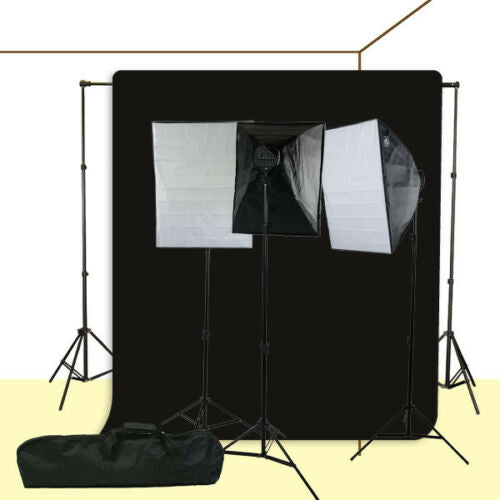 3 Softbox Photography Video Lighting Kit 10x12 Black Muslin Background Stand Set